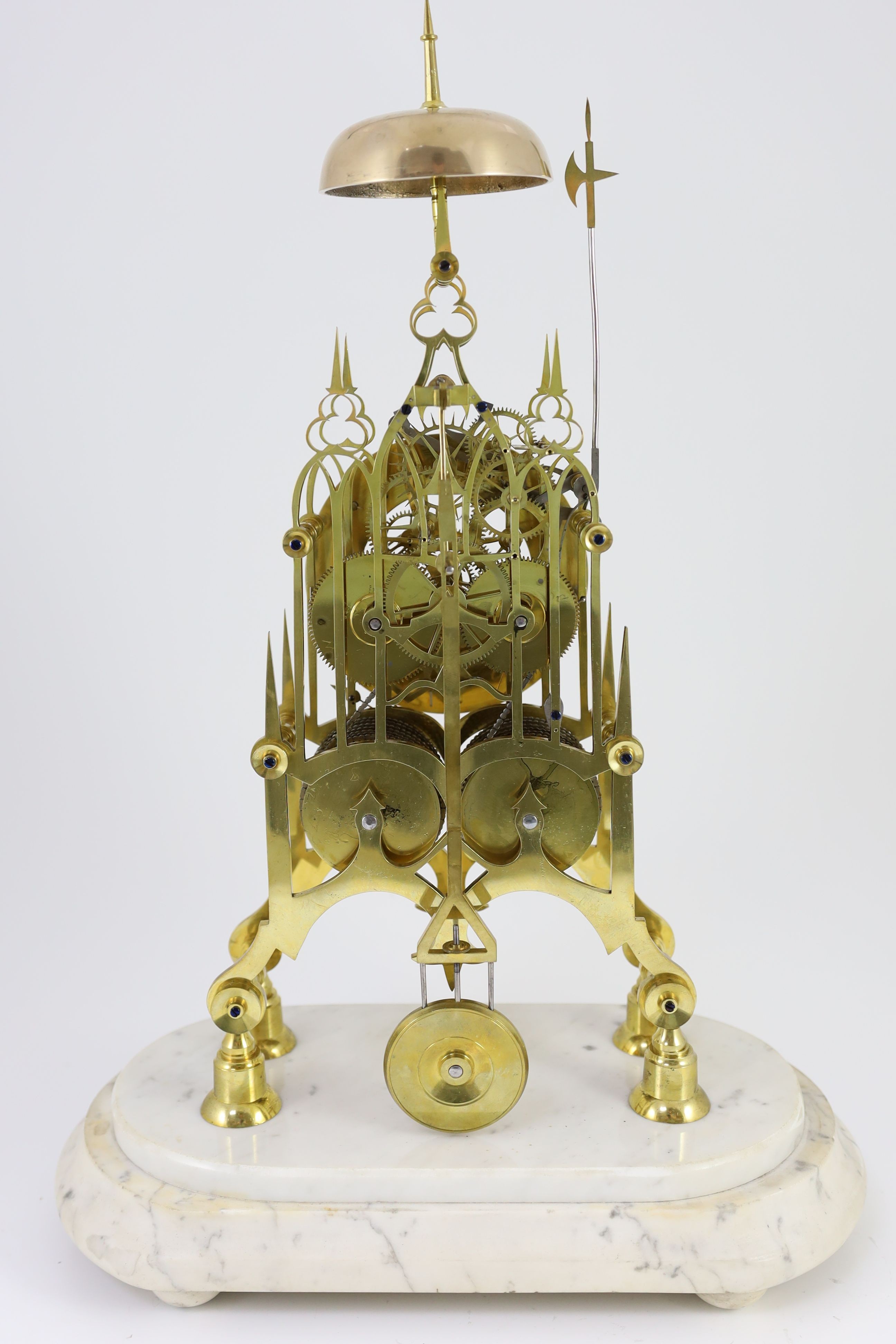 W. Poulton of Lancaster. A mid 19th century brass 'Cathedral' skeleton clock, width 35cm depth 18cm height overall 53cm